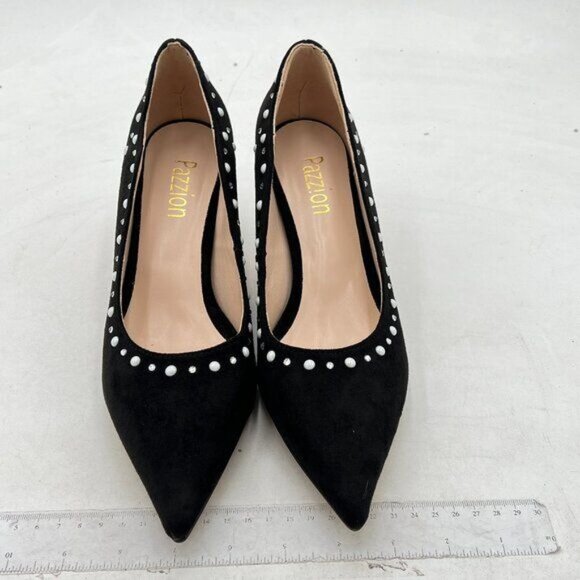 Pazzion Black Pearls Beaded Pointy Toe Kitten Heel Slip On Daily Walking Pump - Picture 3 of 8